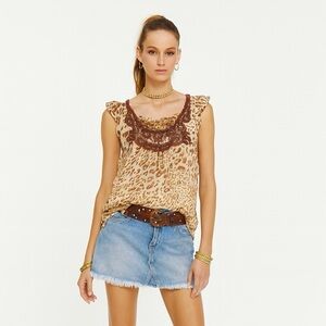 NY Collection Fairy Top M Brown Leopard Beaded Sheer flutter Sleeve Boho Blouse